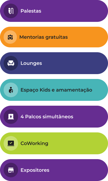 Imagem que cita os benefícios da 14ª edição do Festival RME: Palestras, mentorias gratuitas, Lounges, espaço kids e amamentação, 4 palcos simultâneos, CoWorking e Expositores