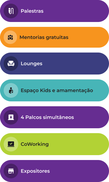 Imagem que cita os benefícios da 14ª edição do Festival RME: Palestras, mentorias gratuitas, Lounges, espaço kids e amamentação, 4 palcos simultâneos, CoWorking e Expositores